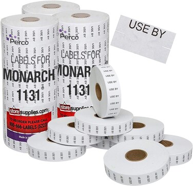Perco Black Print on White USE by Labels for Monarch 1131 Price Gun - Buy 2 Sleeves Get 1 Free! 24 Rolls, 60,000 Labels - with Bonus Ink Rolls