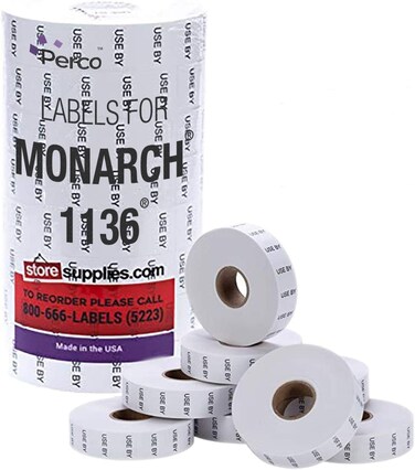 Perco USE by Labels for Monarch 1136 Price Gun - 8 Rolls, 14,000 Marking Labels - with Bonus Ink Roll Included