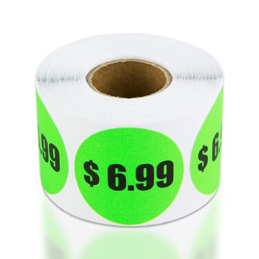 $6.99 Preprinted Price Stickers - 1.5 Inch Circle Round Stickers in Fluorescent Neon Green for Retail Store, Garage Sale, Yard Sale, Flea Market Pricing Stickers Labels and More - 300 Labels/Roll