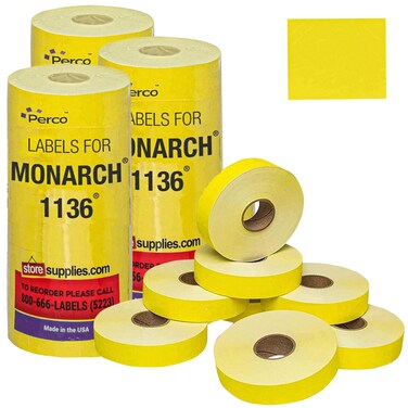 Perco Yellow Pricing Labels for Monarch 1136 Price Gun &acirc;&euro;&ldquo; 3 Sleeves, 24 Rolls Value Pack - 42,000 Price Marking Labels &acirc;&euro;&ldquo; with Ink Rolls Included