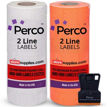 Perco White &amp; Red Pricing Labels for Perco 2 Line Price and Date Gun &acirc;&euro;&ldquo; One White and One Red Sleeve - 2 Sleeves, 12 Rolls Combo Pack - 12,000 Price Marking Labels &acirc;&euro;&ldquo; with Label Scraper Included