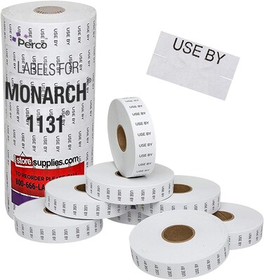 Perco Black Print on White USE by Labels for Monarch 1131 Price Gun - 8 Rolls, 20,000 Marking Labels
