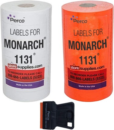 Perco White &amp; Red Pricing Labels for Monarch 1131 Price Gun - One White and One Red Sleeve - 2 Sleeves, 16 Rolls Combo Pack - 40,000 Price Marking Labels - with Label Scraper &amp; Ink Rolls Included