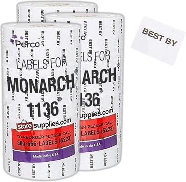 Perco Best by Labels for Monarch 1136 Price Gun - Buy 2 Sleeves Get 1 Free   24 Rolls, 42,000 Marking Labels - with Bonus Ink Rolls