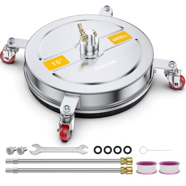 EVEAGE 15" Pressure Washer Surface Cleaner, Power Washer Surface Cleaner with 4 Wheels, Dual Half-Circle Stainless Steel Housing Power Washer Accessories with 2 Extension Wands &amp; 4000 PSI