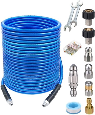 MONKKIGO Sewer Jetter kit for Pressure Washer,150 feet, 1/4 Inch Drain Cleaning Hose,Button Nose &amp; Rotating Sewer Jetting Nozzle,Sewer Jet kit for Pressure Washer,Jetter Hose, 4.5, 5.5, 5800 PSI