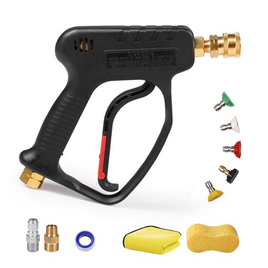 MEKOH High Pressure Washer Short Gun, 5000 PSI 10.5 GPM Industrial Pressure Power water Spray Gun, with 5 Nozzle Tips, 1/4'' Outlet, 3/8'' Quick Connect&iuml;&frac14;&OElig;M22-14mm Fitting, PTFE Tape and Car Sponge