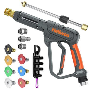 Heliwoo High Pressure Washer Gun with Swivel Ends, Power Washer Gun with M22 14mm &amp; 15mm Fitting, 3/8" Swivel USA-NPT Thread, 7 Nozzle Tips, Replacement Extension Wand - 3600PSI/5.5 GPM