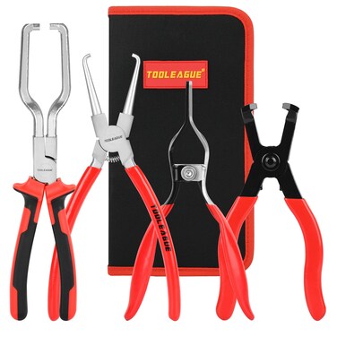 TOOLEAGUE 4Pcs Fuel Line Pliers Set, Hose Remover, 9" Fuel Filter Caliper, Hose Pipe Clamp Clip, 80 Degree Disconnect Pliers Set for Auto Maintenance with Storage Case