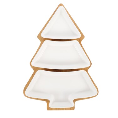 DOITOOL Christmas Ceramic Serving Dish Removable Xmas Tree Snack Appetizer Tray Dessert Platter Porcelain Jewelry Plate with Bamboo Base for Holiday Wedding Home Party White