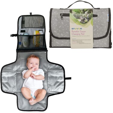 Enovoe Portable Diaper Changing Pad for Baby - Convenient, Durable, Waterproof Travel Changing Mat with Built-in Head Pillow for Your Infant - Grey Leaf Design (Nylon)