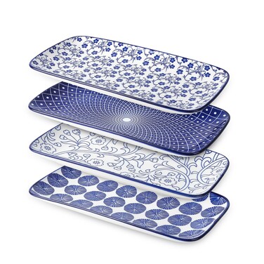 Selamica Ceramic Rectangular Serving Platters Set of 4, 12 Inch Serving Trays/Dishes for Party Entertaining, Rectangular Dinner Plates for Appetizer Salad Dessert Sushi, Vintage Blue