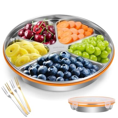 VAlinks Divided Serving Tray with Lid SUS 304 Snackle Box Reusable Veggie Tray Serving Plate with 4 Forks Stainless Steel Snack Platter for Picnic Party and Travel 5 Compartments