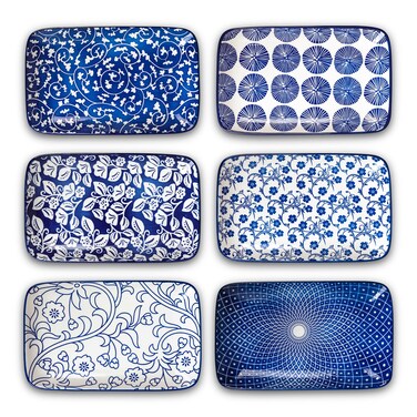 Selamica Ceramic 9.5 Inch Large Rectangular Salad Plates, Dinner Plates, Pasta Dessert Plates Serving Platters and Trays for Appetizer, Sushi, Fruit, Set of 6, Vintage Blue