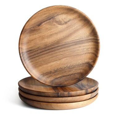 IQCWOOD 4 Pcs Wooden Dinner Plates, 8 Inch Acacia Wood Dinner Plates for Eating Wooden Serving Platter for Food Sandwich Dessert Salad Plate Fruit Platters Round Tray Wood Charger Plate