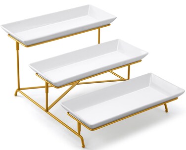 Yedio 3 Tier Serving Tray Set 14 Inch Porcelain Tiered Serving Platters, Collapsible Sturdier Stand with Stable Cross Bars, Three Layer Serving for Party Entertaining Food Display Fruit Dessert