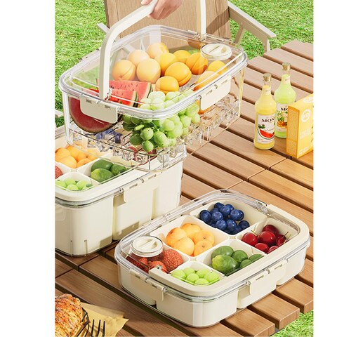 2 Pack - Extra-Large Portable Serving Tray with Ice Underneath - Picnic, Camping, Party - Yatmung Fruit Tray with Lid and Handle - Cold Food Fresh - Chilled Platter for Parties - 2Layer &amp; 1Layer