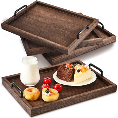 Lallisa 4 Pcs Large Wooden Serving Trays Decorative 15.75 x 11.81 x 2.36 Inch Ottomantray Rustic with Handle for Banquet Party Rectangular Lap Tray for Breakfast Coffee Table Picnic Bed Eating