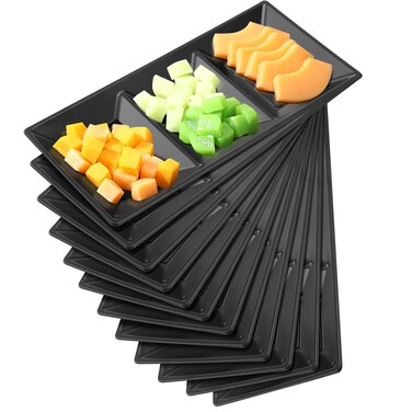 Ziliny 3 Section Serving Tray Bulk Serving Dish Compartment Appetizer Tray Plastic Dessert Platter Rectangular Divided Bowls Disposable Plate for Snack Desserts Fruit, 15 x 7 in(Black)