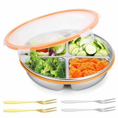 VAlinks Divided Serving Tray with Lid Stainless Steel Snackle Box with 4 Forks Reusable SUS 304 Veggie Tray Serving Plate Serving Platter for Picnic Party Holidays and Travel 4 Compartments