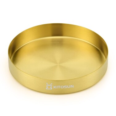 Gold Tray Round Serving Platter - Metal Decorative Plate for Bar Club Lounge Coffee Table Centerpieces Perfume Vanity Jewelry Display Cosmetic Storage Counter Bathroom Organizer (8" W 1.1" H)