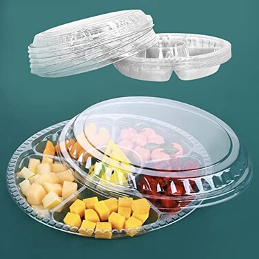Apatal 12PCS Disposable Fruit Trays, Round Plastic Appetizer Serving Tray with Lid 6 Compartment Party Platters Divided Food Dip Containers for Snack Vegetable Salad Veggie Fruit Organizer-Transparent