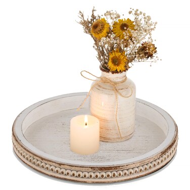 Farmhouse Wood Tray Candle Holder - Romadedi Bead Round Wooden Decorative Tray for Coffee Table Decor Serving Trays Kitchen Counter Rustic Centerpiece for Living Room Home Organizer, White Washed