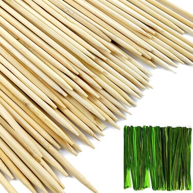 TIHOOD 100PCS 18" Wooden Garden Stakes with 100PCS 4" Garden Ties, Green Bamboo Sticks, Floral Plant Support Wooden, Wooden Sign Posting Garden Sticks Support Floral Plant, Tomato Stakes (Natural)