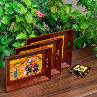 Swadeshi Blessings Wooden Serving Tray Set- Handcrafted &amp; Hand-Painted for Kitchen/Table &amp; Home Decor/Dinning/Gifts/Restaurants/Living Room/Coffee Table (Set of 3 Trays) (Brown)