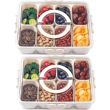 shopwithgreen 2Pcs Divided Serving Tray with Lid and Handle, Portable Snackle Box Charcuterie Container for Christmas Party, Veggies, Snack, Fruit, Nuts, Candy, Cracker, Chip, Entertaining, Picnic