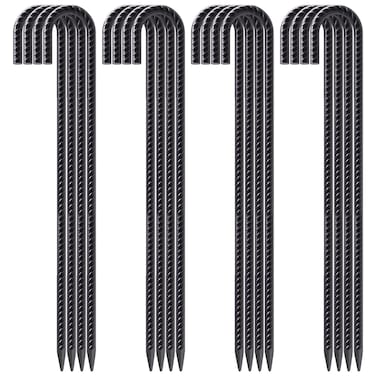 VVOKGO 24 Inches Rebar Stakes Heavy Duty J Hook, Curved Steel Plant Support Garden Stake with Chisel Point end, Hammer Through Hard Soil for Chain Link Fence and Gazebo - Black Coated 16pcs
