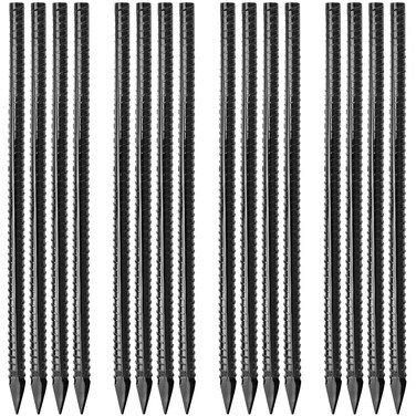 Besitu 16 inches Ground Rebar Stakes (16 pcs) Heavy Duty Metal Spikes for Concrete Timber Garden Plant, Long Straight Steel Stakes for Tent, 3/8" Thickness Ground Anchors with Chisel Point End, Black