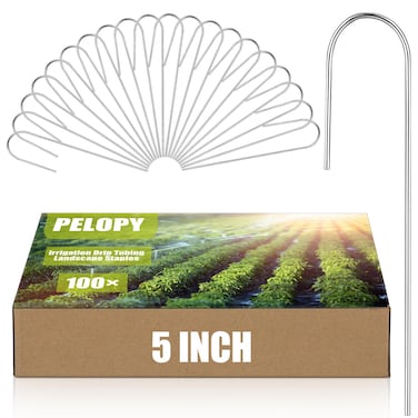 Pelopy 100 Pcs Irrigation Drip Tubing Landscape Staples 5 Inch J Shape Garden Stakes Galvanized Lawn Pins for Drip Tubing (Hold up to 5/8" Drip Tubing)