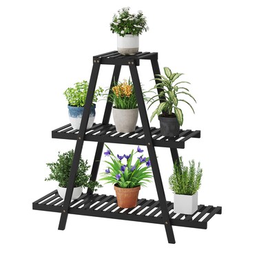 Plant Stand For Indoor Outdoor Tiered Plant Shelf 3 Tier 8 Potted Bamboo Flower Holder Ladder Rack For Multiple Triangle Table Plant Pot Stand (Black)