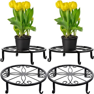 4 Pieces Metal Potted Plant Stand Round Iron Plant Holder Floor Flower Supports Holder Decorative Garden Pots Containers Stand for Home Garden Patio Planting Support (Black)