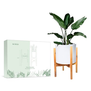 SOTECH Plant Stand - Adjustable Modern Indoor Plant Holder Mid Century Modern Plant Stand &amp; Large Pots Sizes 8 9 10 11 12 inches Bamboo wood Plant Stands Plant Holder
