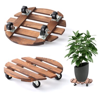 2 Pack 12" Plant Caddy with Wheels, Rolling Plant Stand 220 LB Heavy Duty Wooden Round Plant Dolly with Metal 360&Acirc;&deg; Lockable Caster Wheels for Outdoor Indoor Large Plant Pots, Flower Pot, Patio