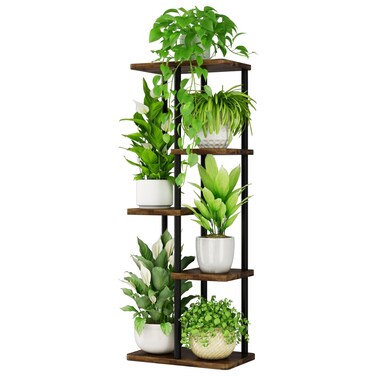 Bamworld Tall Plant Stand Indoor Outdoor Metal Flower Shelf Tiered Planter Rack for Corner Home Decor Living Room 5 Tier Brown