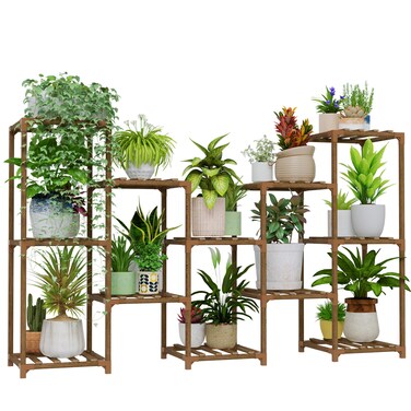 Bamworld Large Plant Shelf Outdoor Wood Plant Stand Large Rack for Living Room Patio, Balcony and Garden