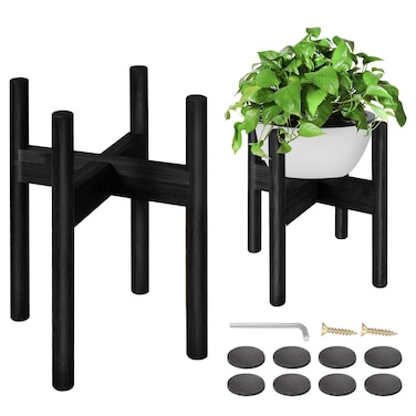 2 Pack Bamboo Plant Stands, Adjustable Plant Stand Indoor, Mid Century Modern Plant Stand, Plant Holder for Living Room, Balcony Fits 8 to 12 Inches Pots (Black)