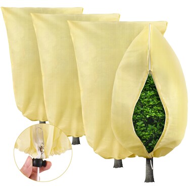 ROSTIUTE Plant Covers Freeze Protection, 4 Pack 32''&Atilde;&mdash; 47'' Beige Frost Cloths Blankets with Zipper Drawstring Shrub Tree Covers for Winter Outdoor Plants Freeze Protection