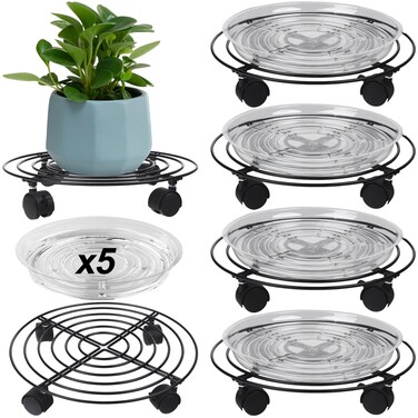 5 Packs Large Metal Plant Caddy with Wheels 13" Heavy-duty Wrought Iron Rolling Plant Stands with Casters Plant Dolly Plant Roller Base for Indoor and Outdoor Plant Pot Movers Saucers Black