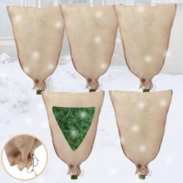 Windyun 5 Pcs Reusable Burlap Winter Plant Cover Bags Warm Plant Covers Freeze Protection with Drawstring Tree Protectors Frost Cloth Sack Frost Blankets for Plants Fruit Tree (32 x 40 Inch)