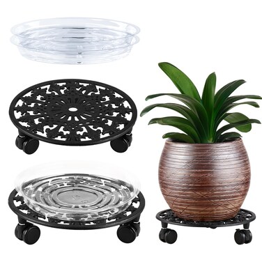 2 Pack Plant Caddy with Wheels Heavy Duty 11 Inch Metal Plant Stand with Wheels Wrought Iron Plant Dolly Rolling Plant Stand Plant Roller with Casters for Indoor and Outdoor with 2 Pack Plant Saucers