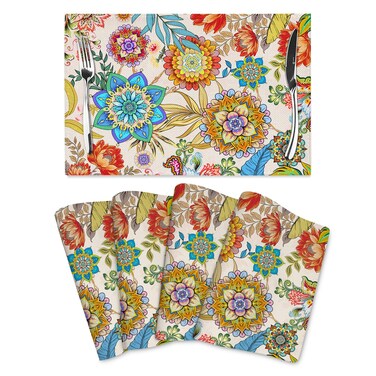 Boho Floral Placemats Set of 4 Linen 12"x18" Colorful Flowers Table Mats for Kitchen Dining Table Holiday Party Heat Resistant Washable Spring Summer Farmhouse Bohemian Mandala Place Mats