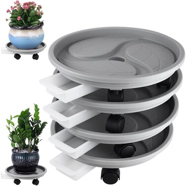 4-pack 13" Plant Caddy with Wheels and Drainage Tray Large Rolling Plant Stand with Casters Plant Dolly Heavy-duty for Moving Large Heavy Plant Pots Indoor and Outdoor Plant Saucer Rollers, Grey