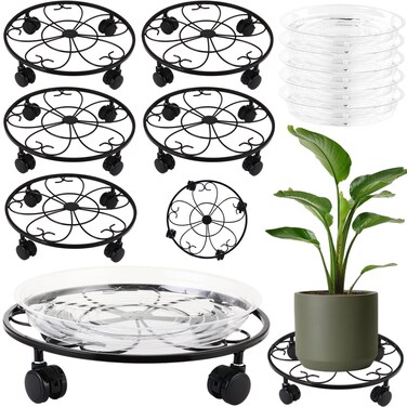 DEELF OUTLET 5 Packs 13 inches Large Metal Plant Caddy with Wheels Round Planter Dolly Pot Mover Rollers Wrought Iron Rolling Plant Stands Indoor Outdoor Wheeled Plant Holder Coaster Trolley, Black
