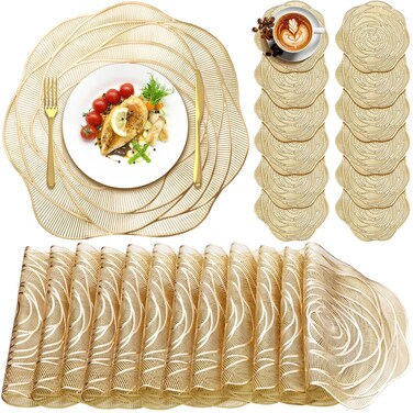 Sieral 12 Set 15 Inch Round Pressed Vinyl Placemats Hollow Out Rose Placemat Set Metallic Place Mat Coaster Set Including Placemats and Coasters Slip Resistant Table Mats for Dining Kitchen (Gold)