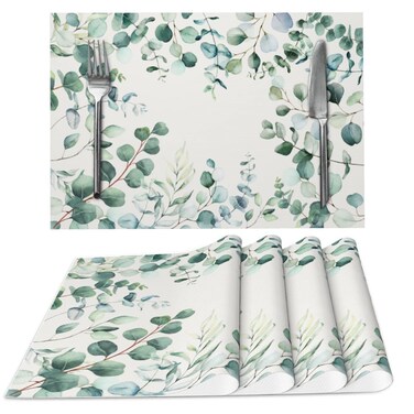 Eucalyptus Leaves Cloth Placemats for Dining Table Set of 4 Woven Place Mats Rectangle Fabric Table Mats