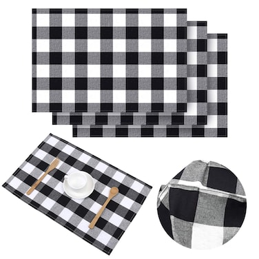Aneco Buffalo Plaid Placemats Checkered Place Mats Double Layer Placemats 13 x 19 Inches Decorative Kitchen Cotton Table Placemats, Black and White (4)